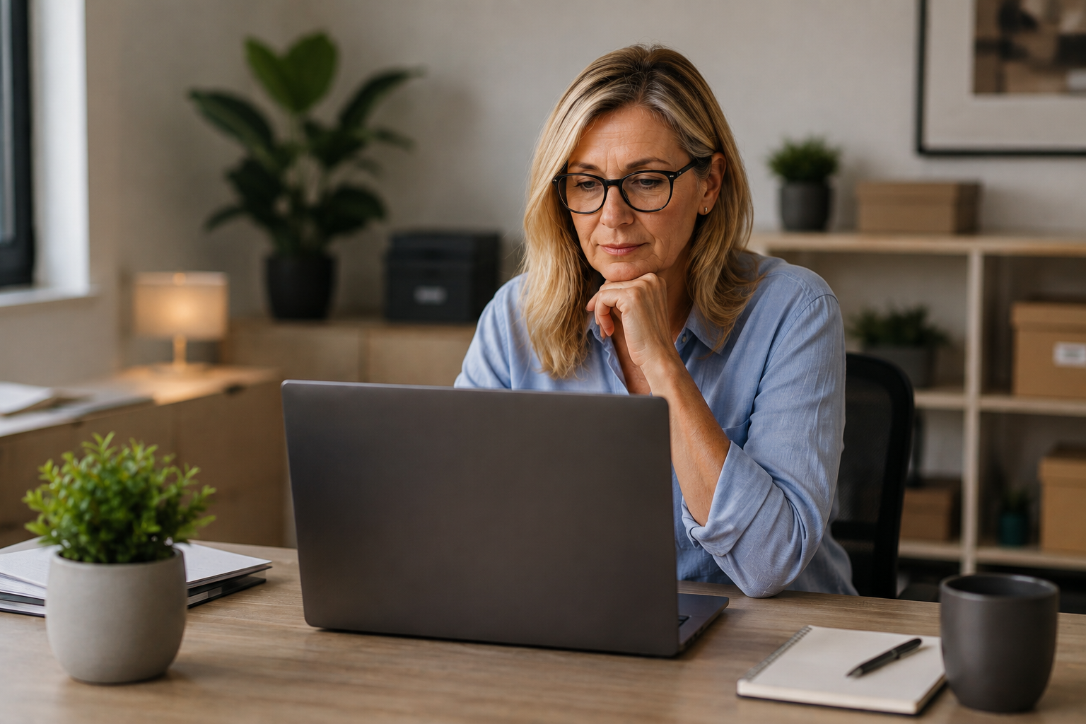 A small business owner thoughtfully reviewing information on a laptop