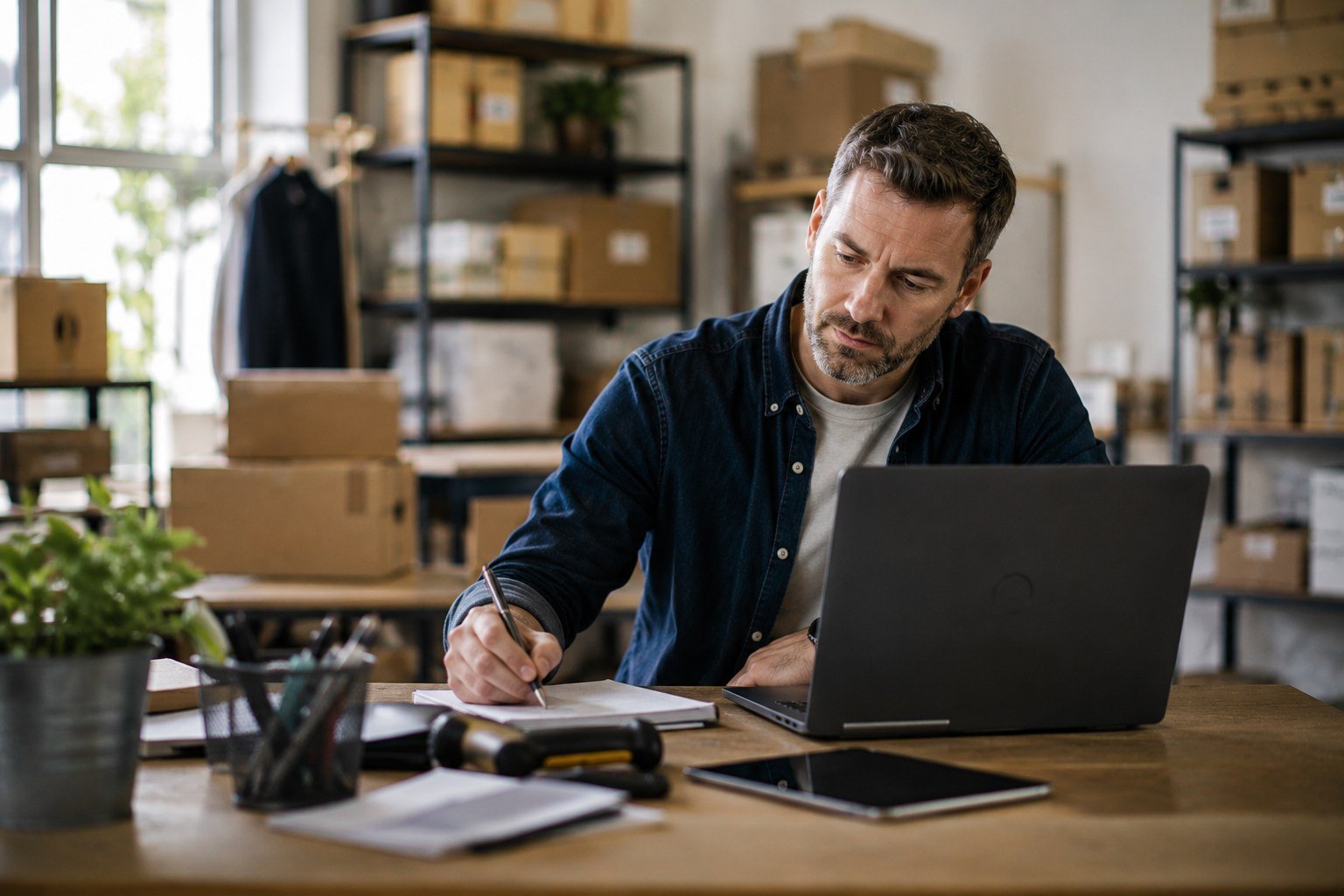 A small business owner working at a laptop in a stockroom