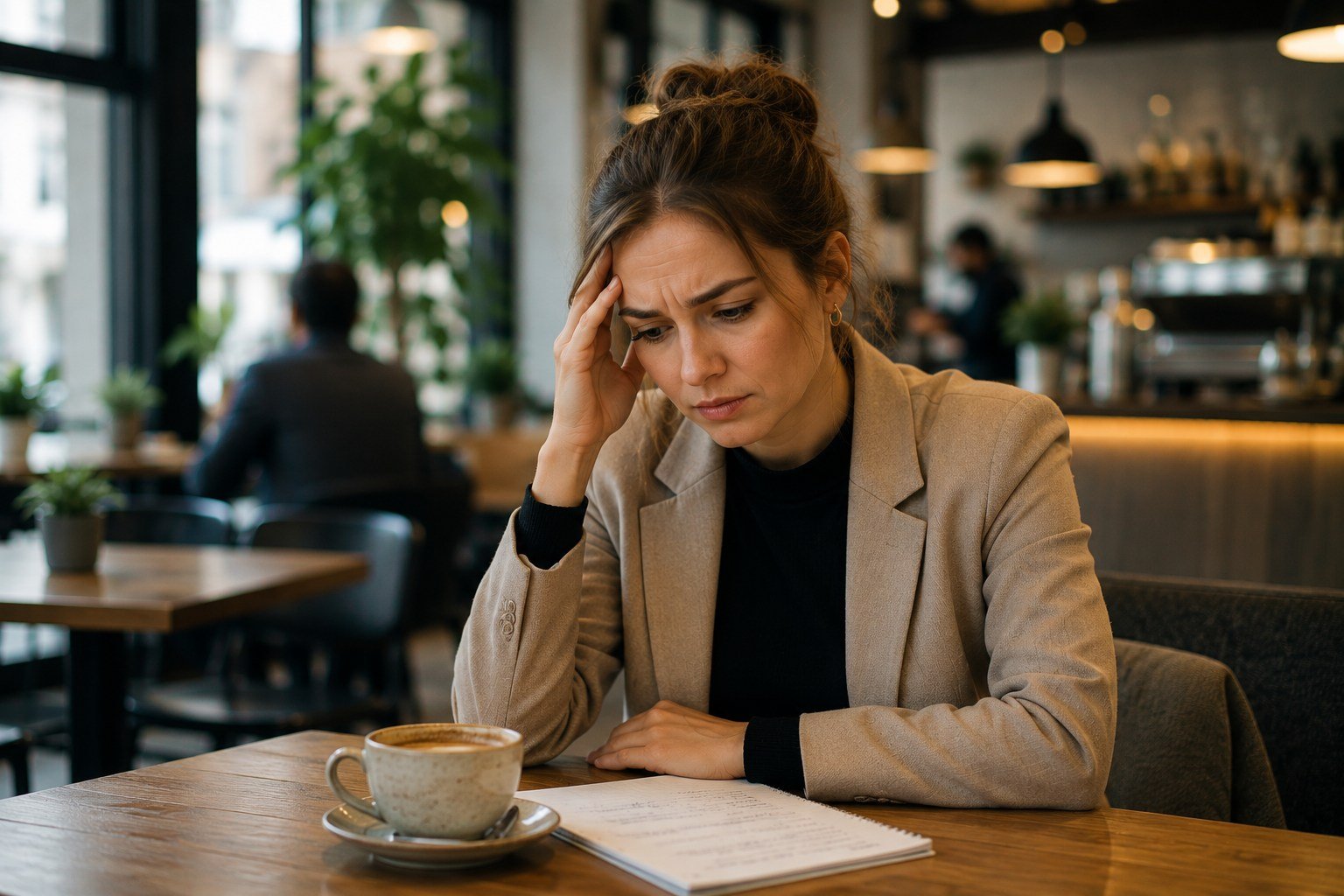 A concerned small business owner reviewing paperwork at a café table