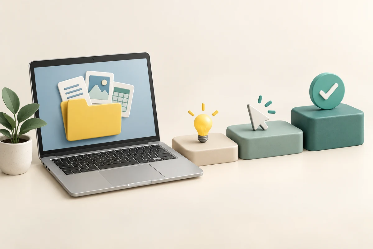A laptop and three stepping stones representing an idea, practice and understanding.