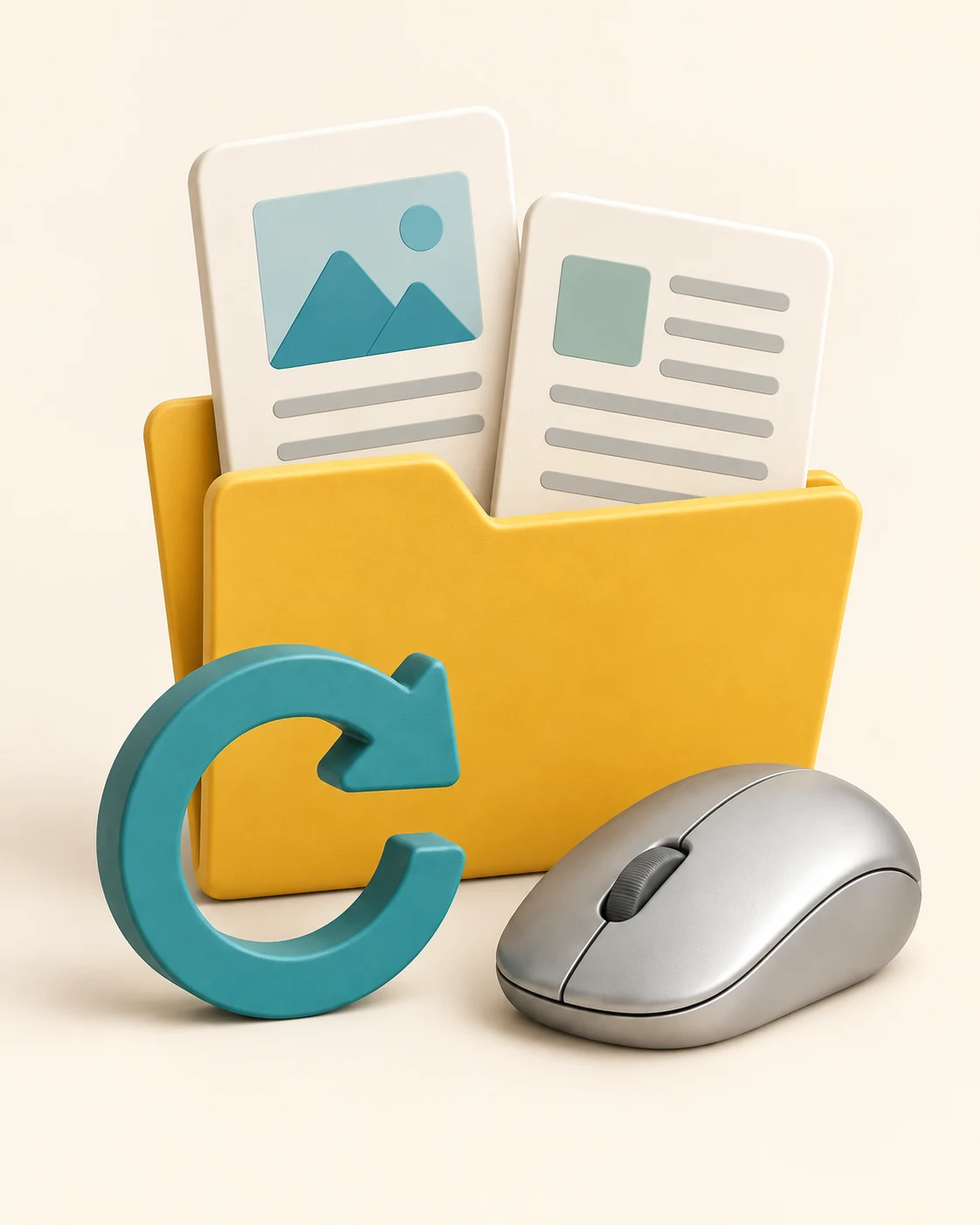 A sample folder and files beside a mouse and circular arrow representing trying again.