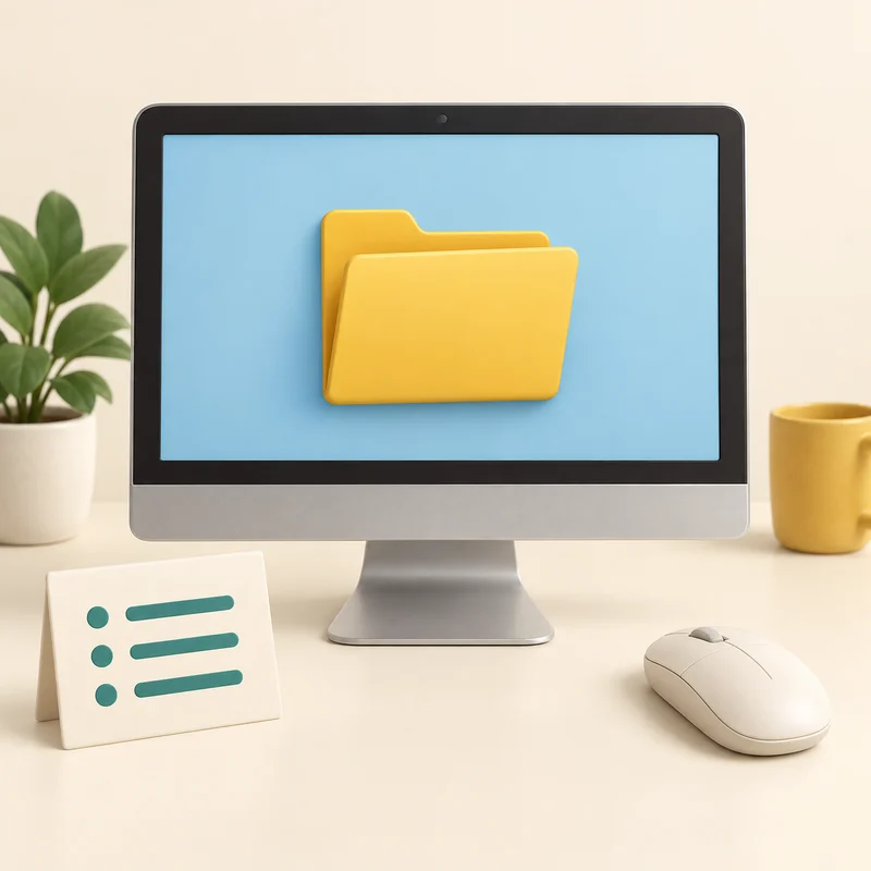 A desktop monitor, mouse and step card represent trying what you learned on your own computer.