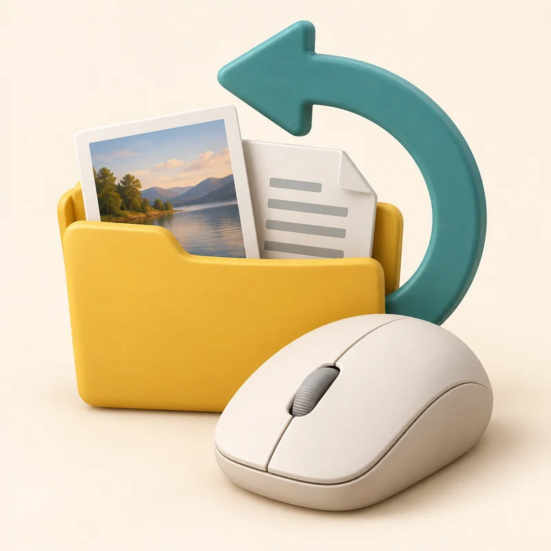 A mouse beside a sample folder and a curved arrow represents practising and trying again.