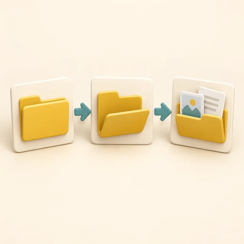 Three pictures show a folder closed, open, then holding files, representing following the steps.