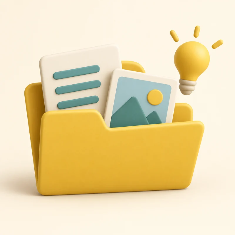 An open folder groups a photo and document beside a lightbulb, representing understanding the idea.