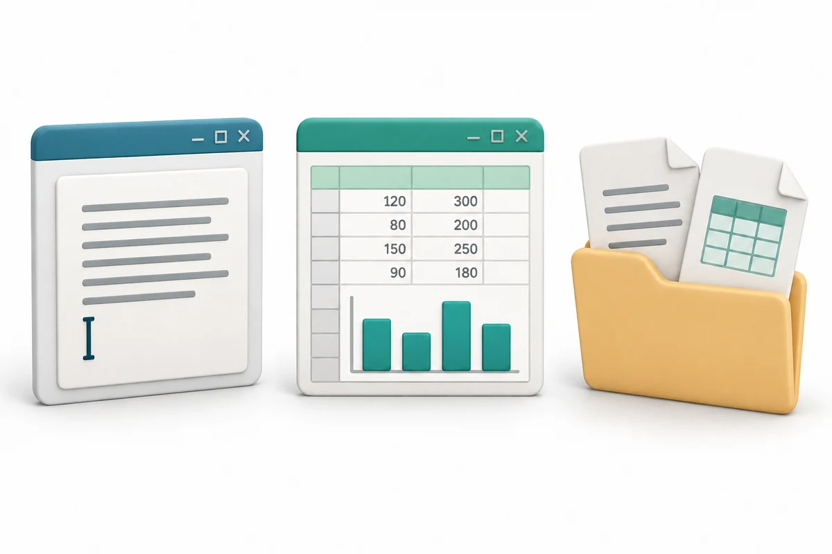 A letter, spreadsheet and saved files show different kinds of document work.