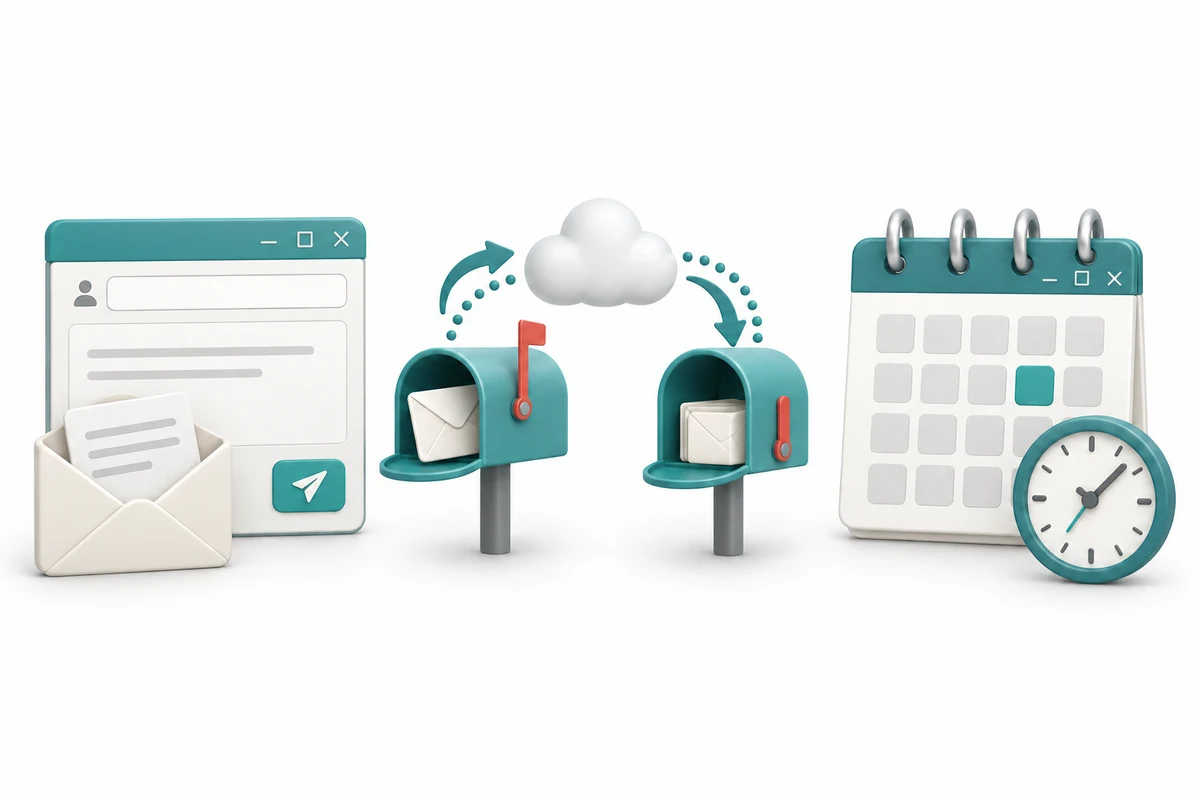 An email message travels between mailboxes, alongside a calendar appointment.