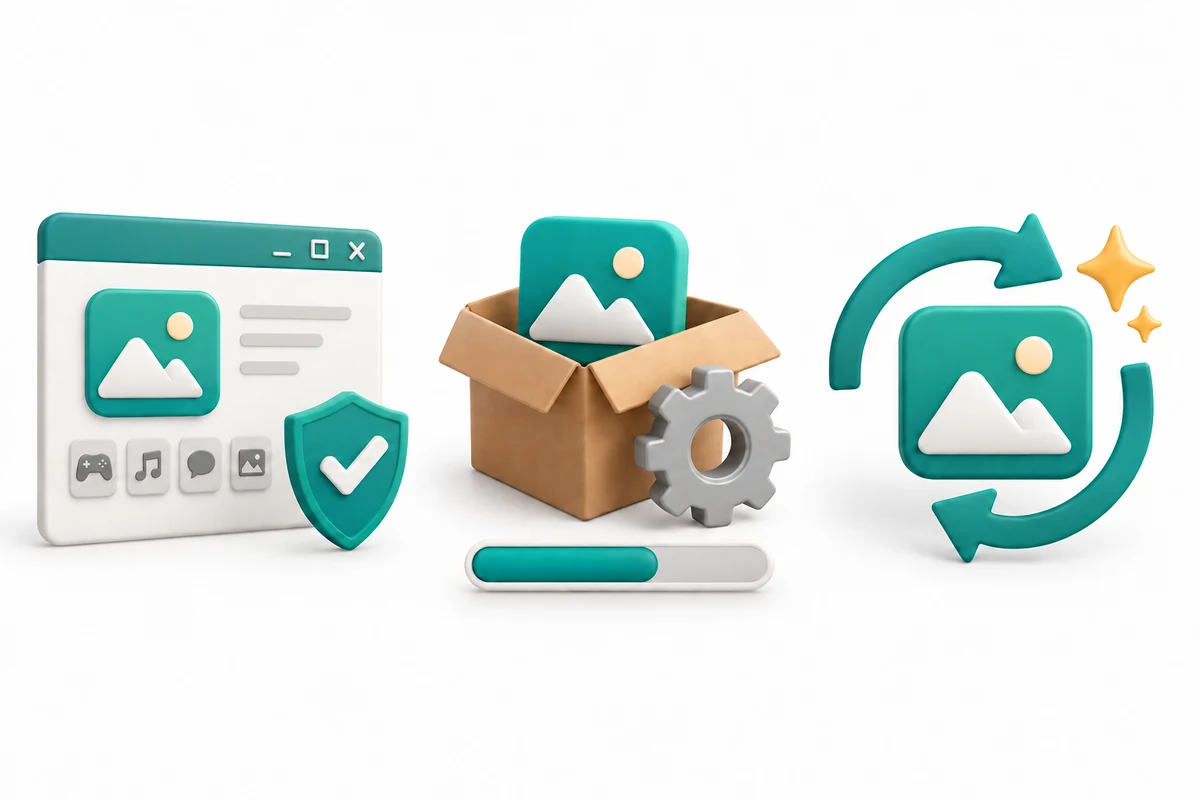A trusted software source, installation package and update arrows illustrate maintaining apps.