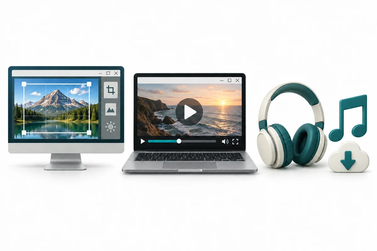 A photo editor, video player and music headphones show three kinds of media apps.