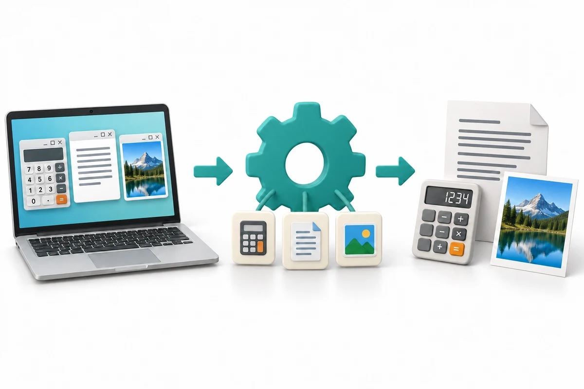 App windows use instructions to produce a document, calculation and photograph.