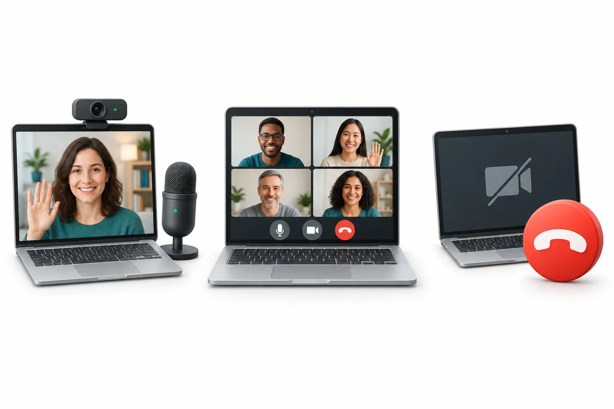 A camera and microphone, group video call and end-call symbol illustrate a call.