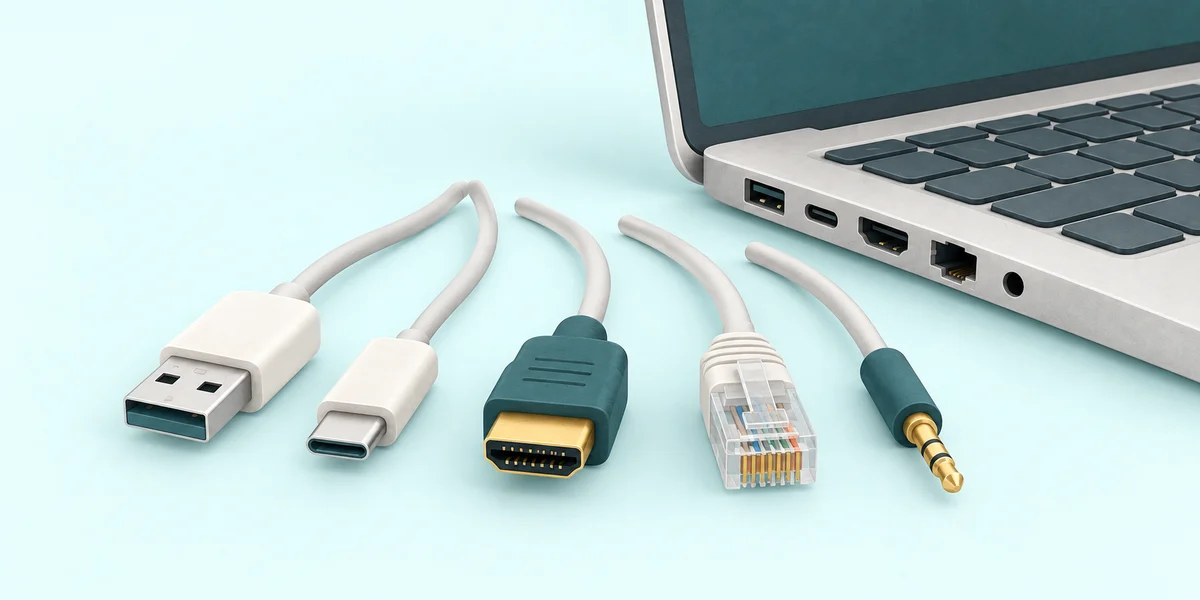 Illustrated USB, HDMI, network and audio plugs beside matching styles of laptop sockets.