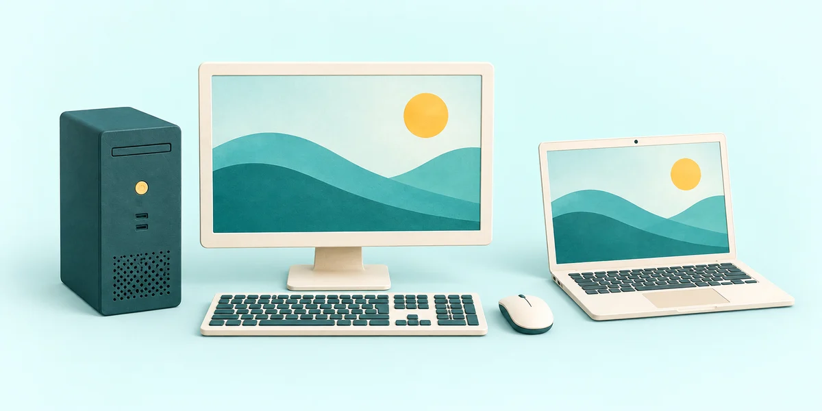 A desktop computer, monitor, keyboard and mouse beside a laptop.