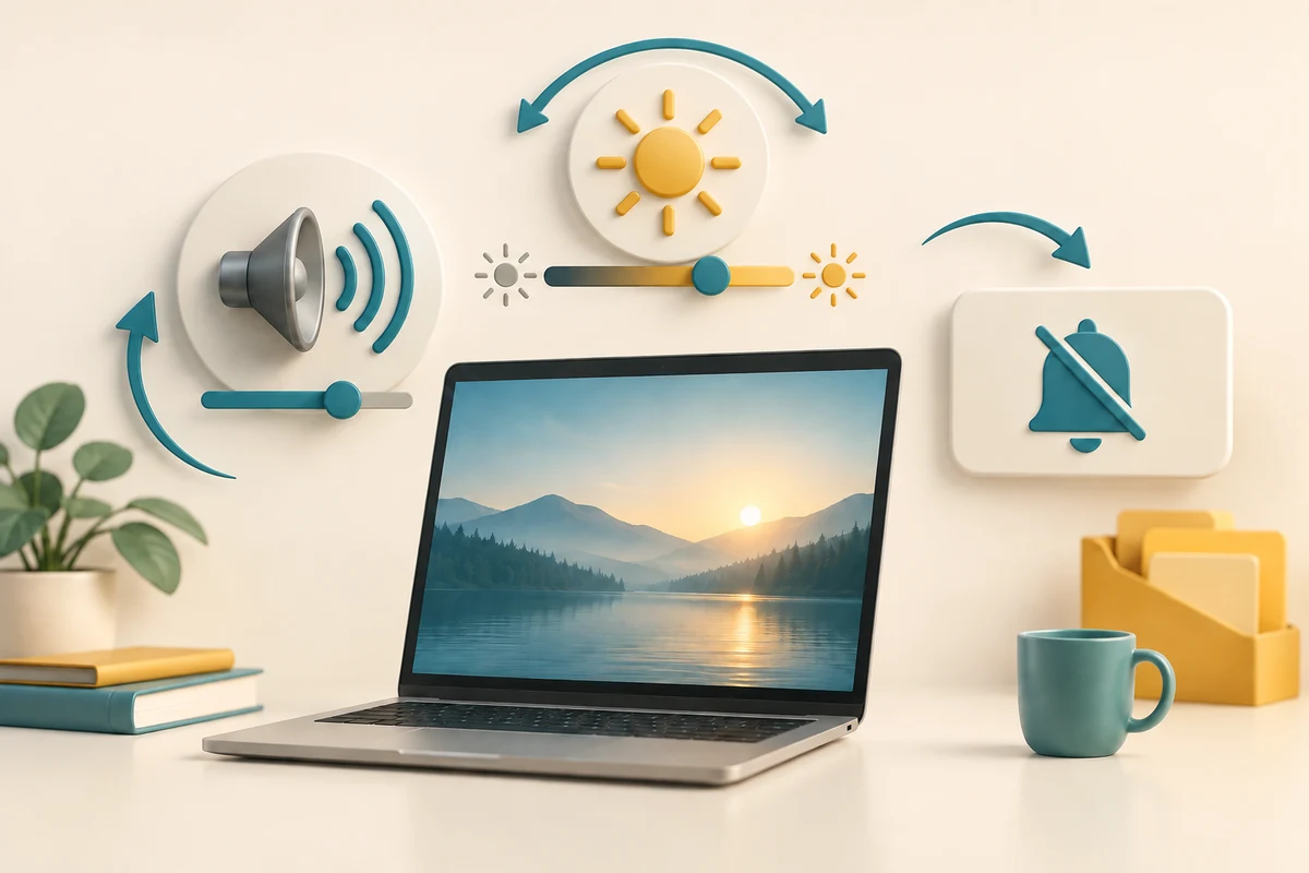 A laptop surrounded by volume, screen brightness and muted notification controls.