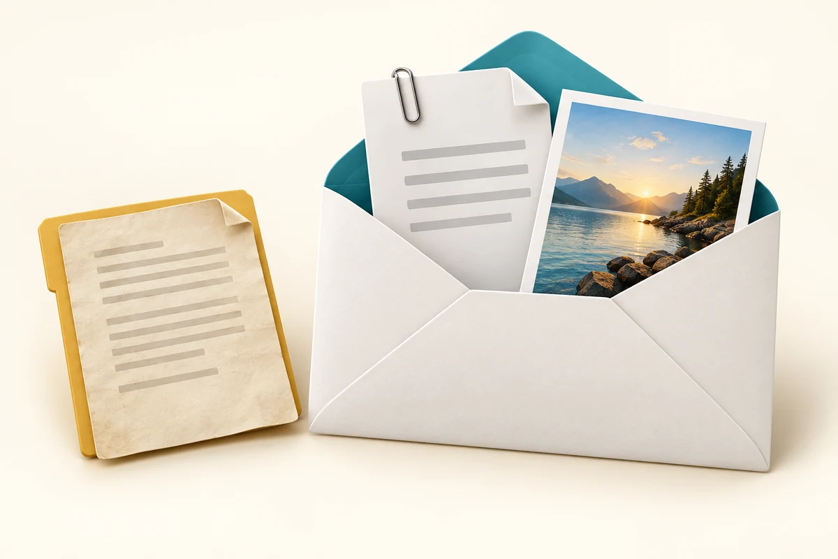 A document and photo are enclosed with a message, with a paperclip indicating attached files.