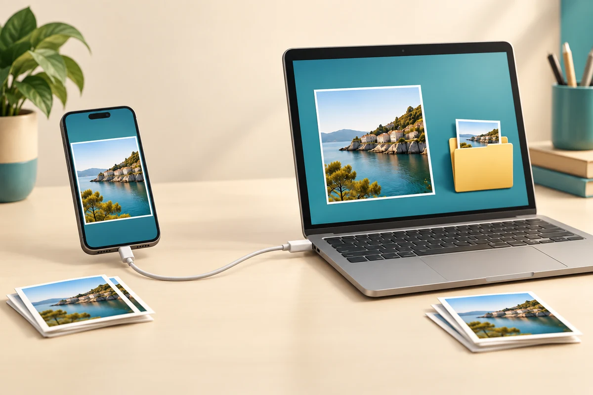 A phone and laptop are connected by a cable, with copies of the same coastal photo kept on both devices.