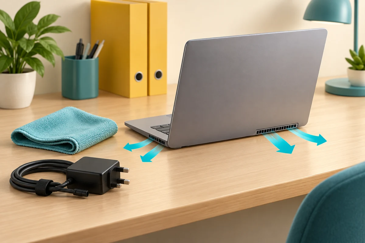 A laptop on a firm desk has clear ventilation space, with a cleaning cloth and unplugged power lead nearby.