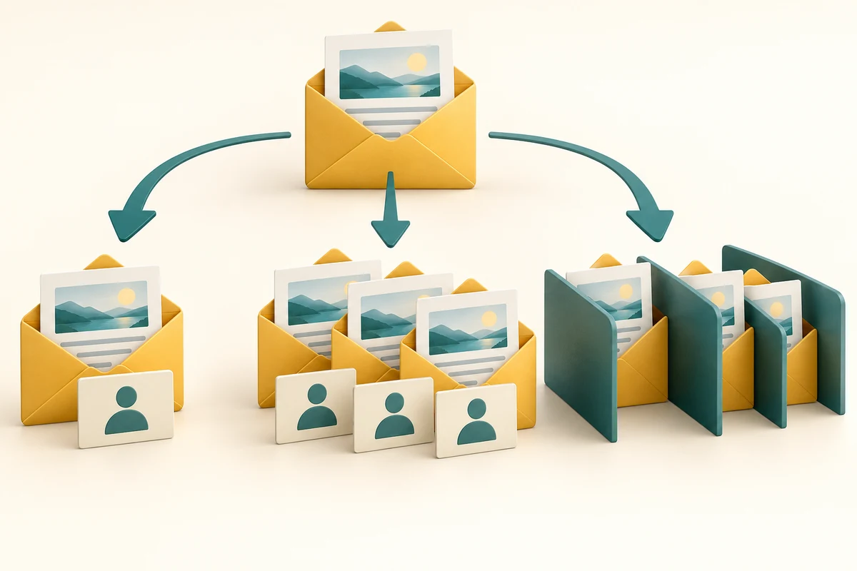 Copies of one message go to individual and group recipients; screens conceal the identities of another group.