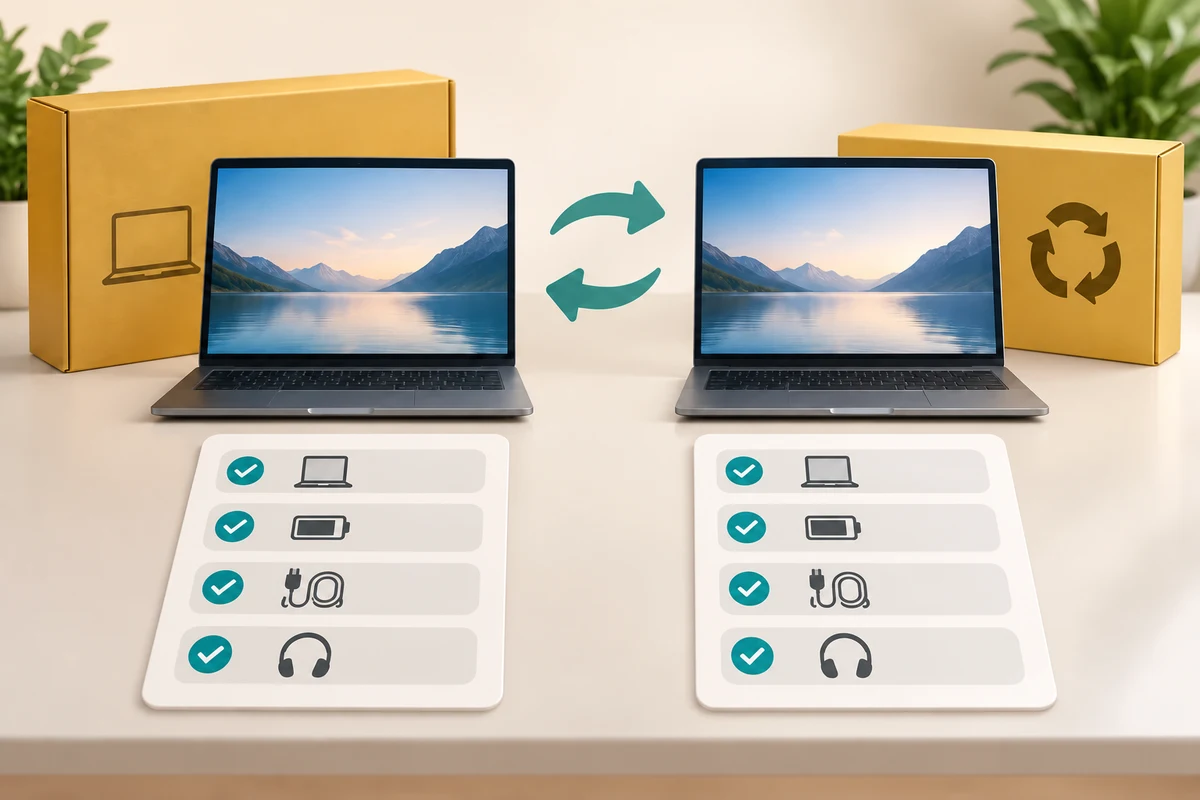 New and refurbished laptops sit beside matching feature checklists for comparison.