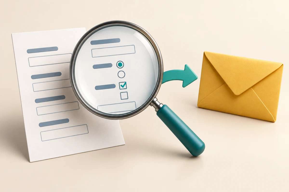 A magnifying glass examines form fields and choices before an arrow leads towards a submitted response.