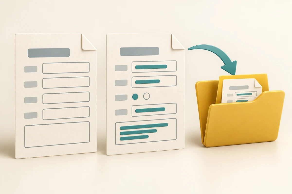 A blank form becomes a completed form, with a saved copy kept in a folder.