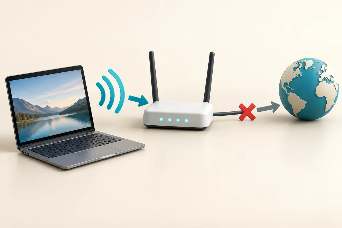 A laptop connects wirelessly to a router, while the separate route from the router to the internet is interrupted.