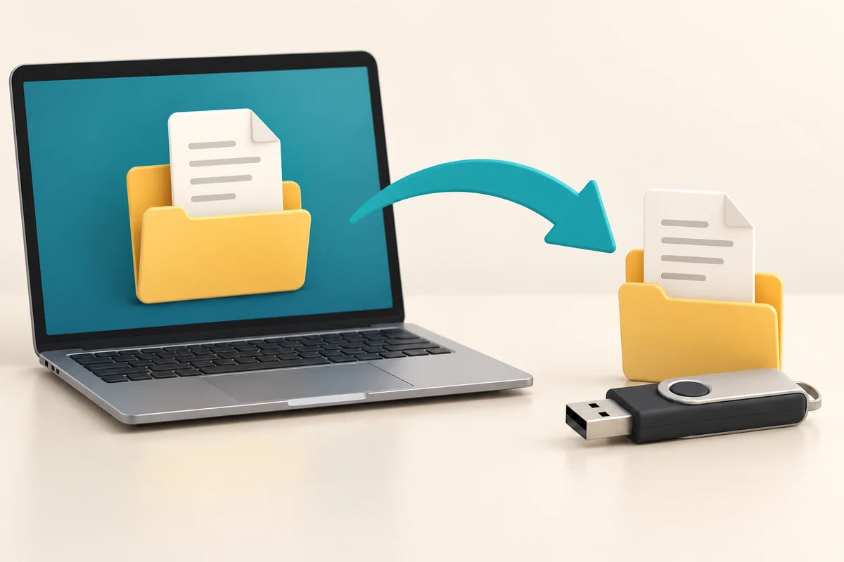 A document remains on a laptop while an arrow leads to another copy beside a USB drive.