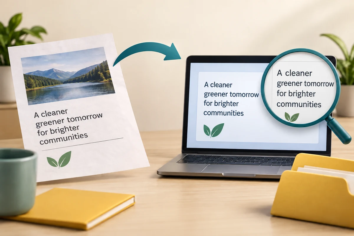 Words on a photographed leaflet are copied into a document and enlarged for checking.