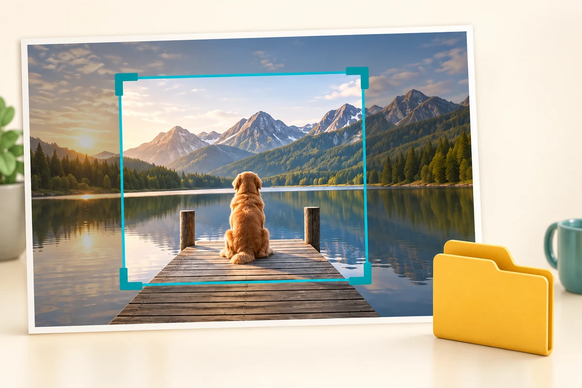 A teal frame selects part of one continuous photo of a dog beside a lake; the surrounding original remains visible.