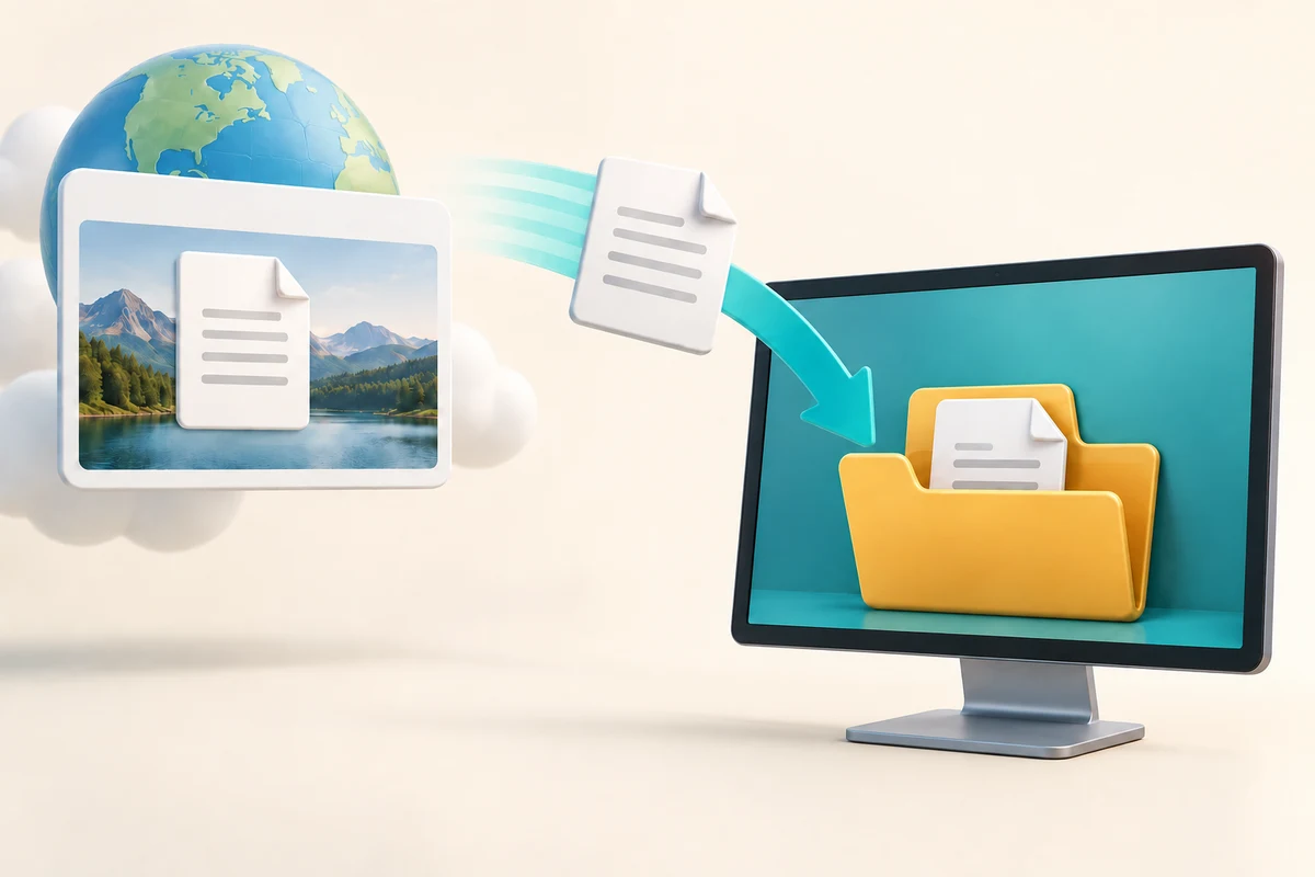An arrow brings a document from an online page to a folder on a computer.