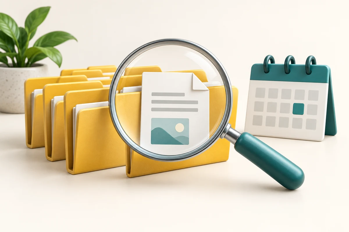 A magnifying glass finds a document among folders, with a calendar representing its date.