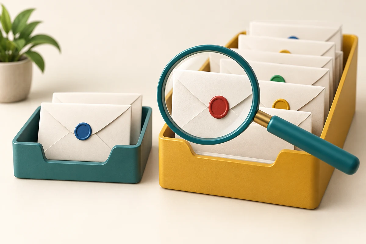 A magnifying glass searches messages organised into different trays and folders.