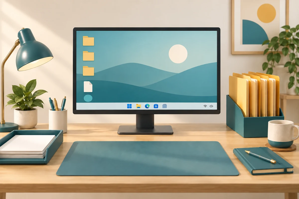 A Windows desktop has folder and file symbols above a bottom taskbar with Start, pinned apps and system indicators.