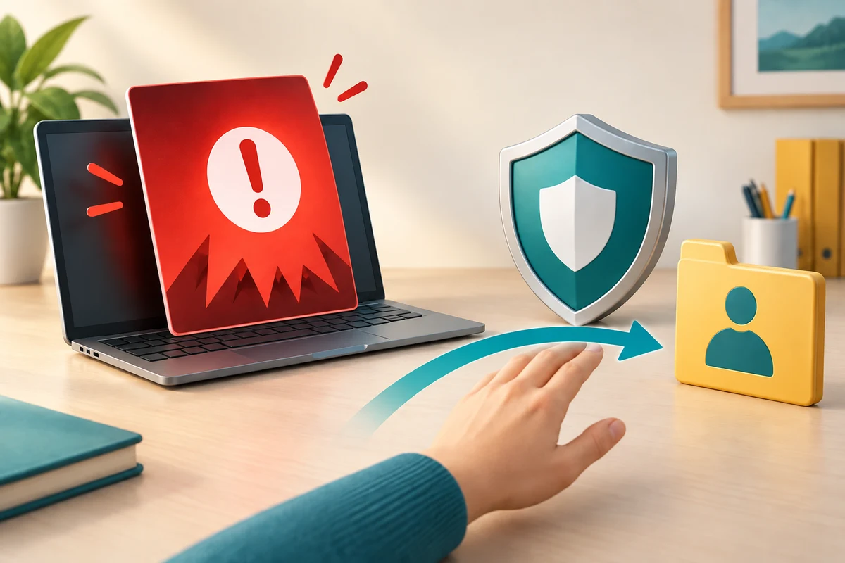 A hand turns away from a frightening computer alert towards an independent help route.