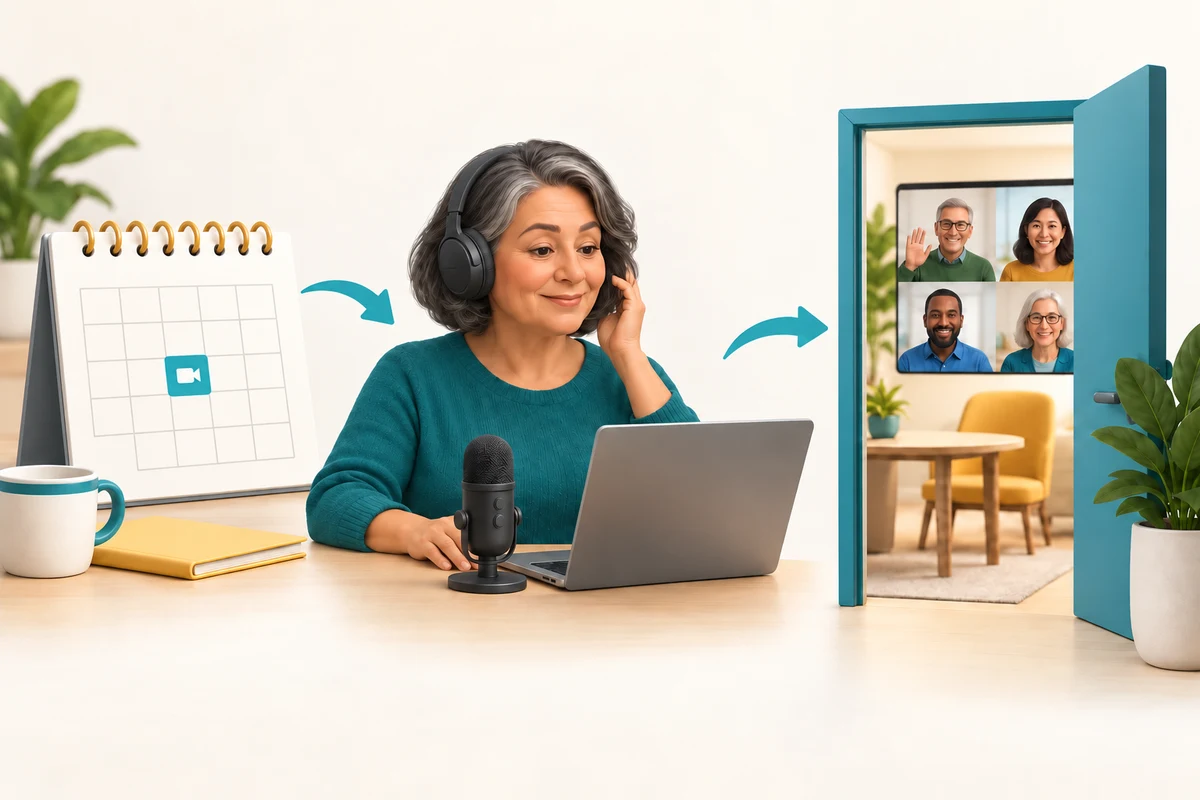A scheduled appointment leads to a person checking headphones and microphone before joining other people online.