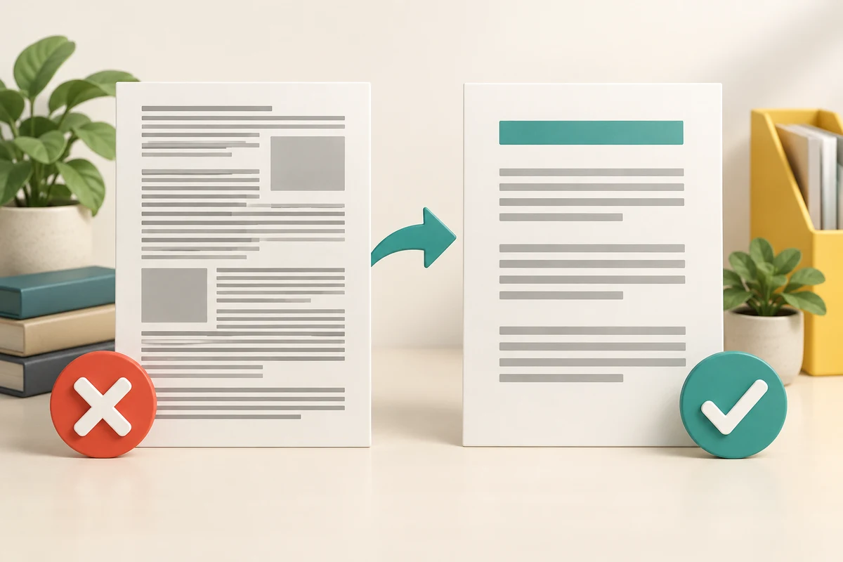 A crowded page is compared with a calmer page using a clear heading and more space between text blocks.
