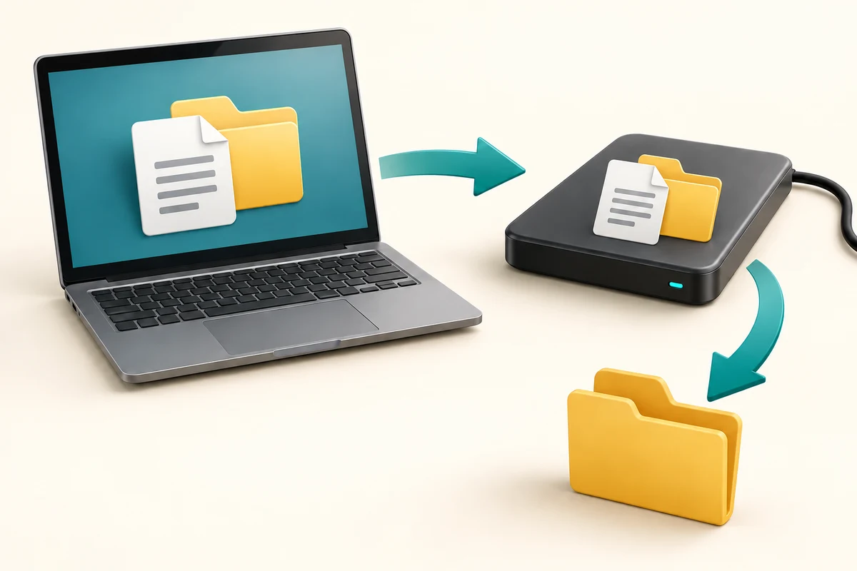A document is copied from a laptop to an external drive, then retrieved into a separate folder.