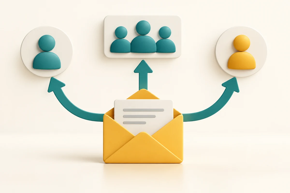A message has different possible recipient routes: one person, a group or another person.
