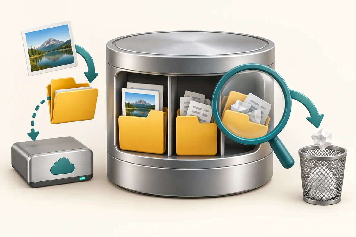 A magnifier examines stored folders before unwanted items are removed; a separate copy sits outside the main store.