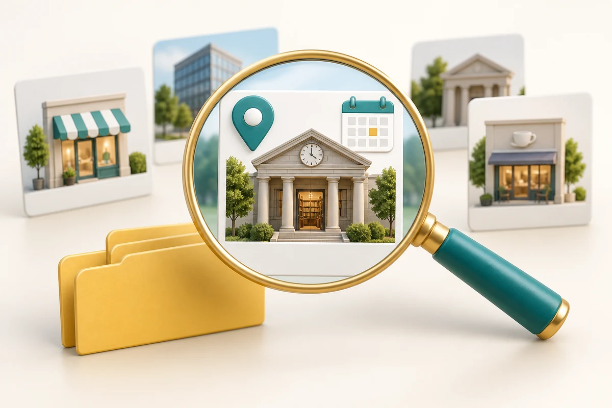 A magnifying glass examines one result among several website cards, with location and date clues.