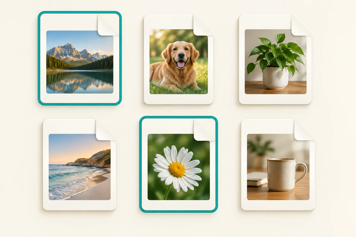 Two non-adjacent photos in a group of six have teal selection outlines; the other four are unselected.