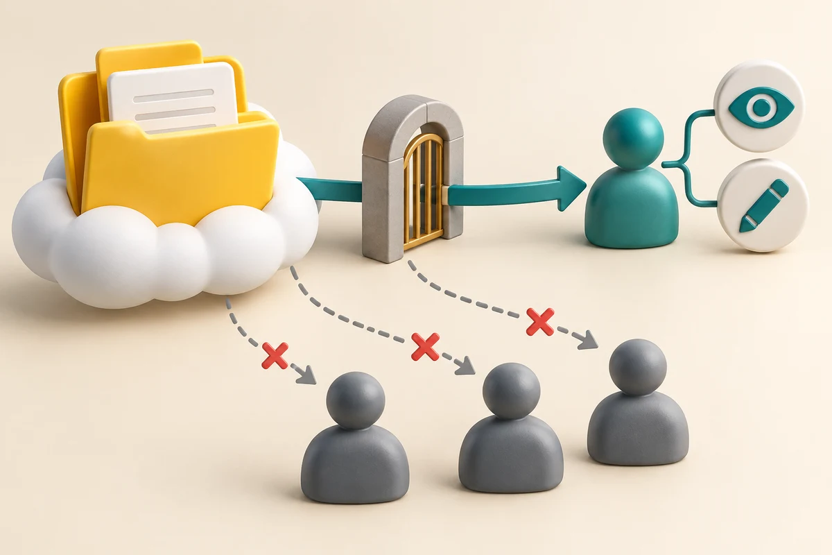One chosen person receives access to a cloud folder, with viewing and editing shown as different permissions.