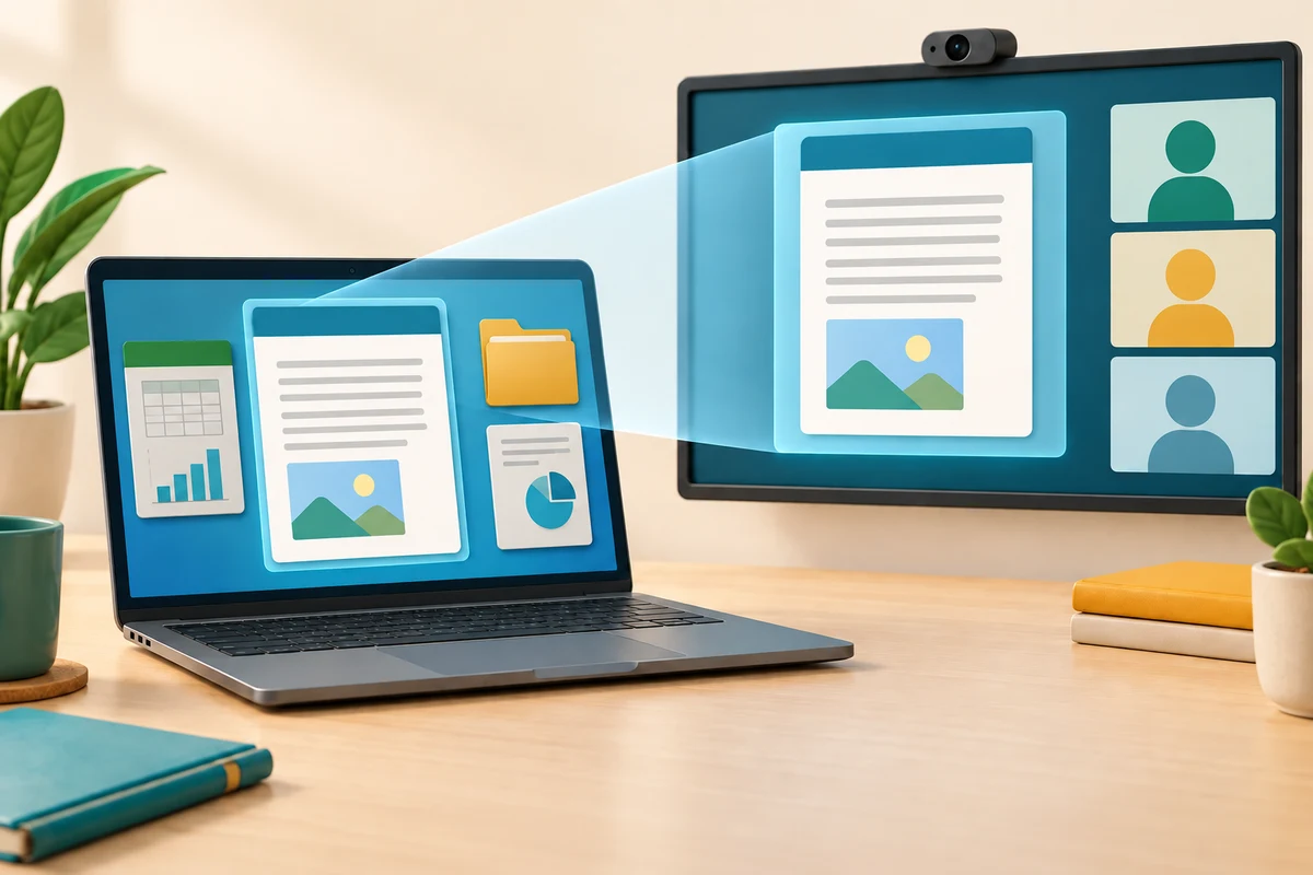 One selected document panel is shown to call participants while other content remains on the sender’s computer.