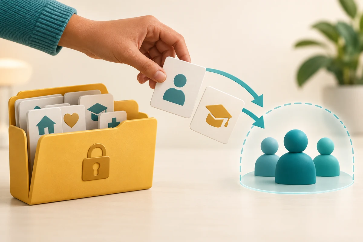 Only selected personal-information cards leave a protected folder for a chosen group of people.