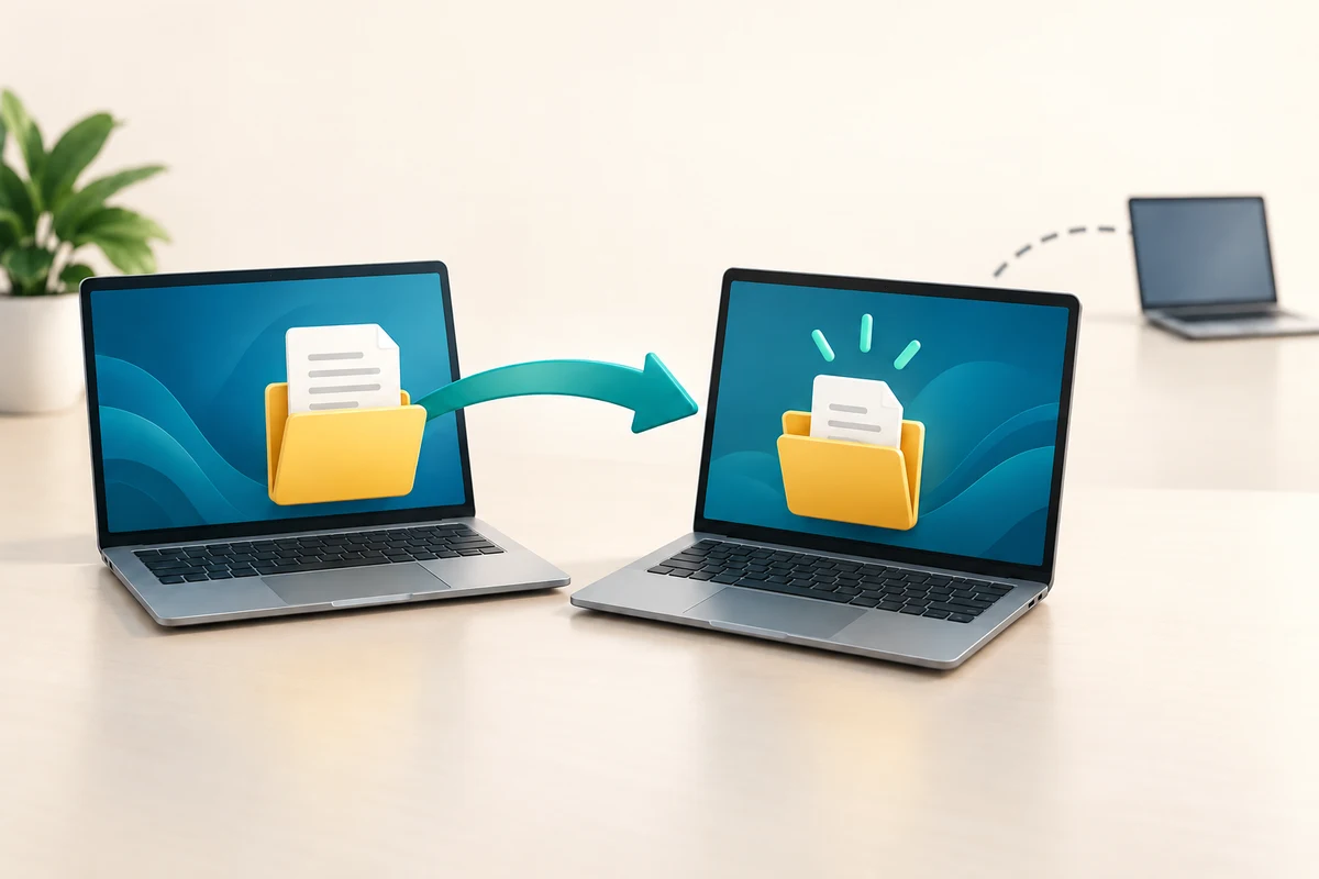 A folder is copied between two nearby laptops while another device remains outside the transfer.