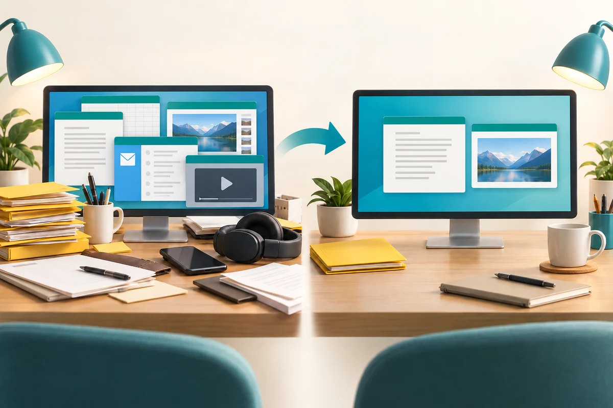 A crowded screen with many open apps is compared with a calmer screen containing fewer apps.