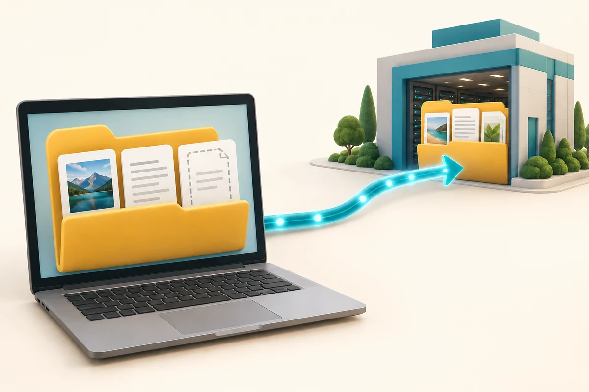 A laptop folder connects to a remote storage service; one listed document is only an outline.