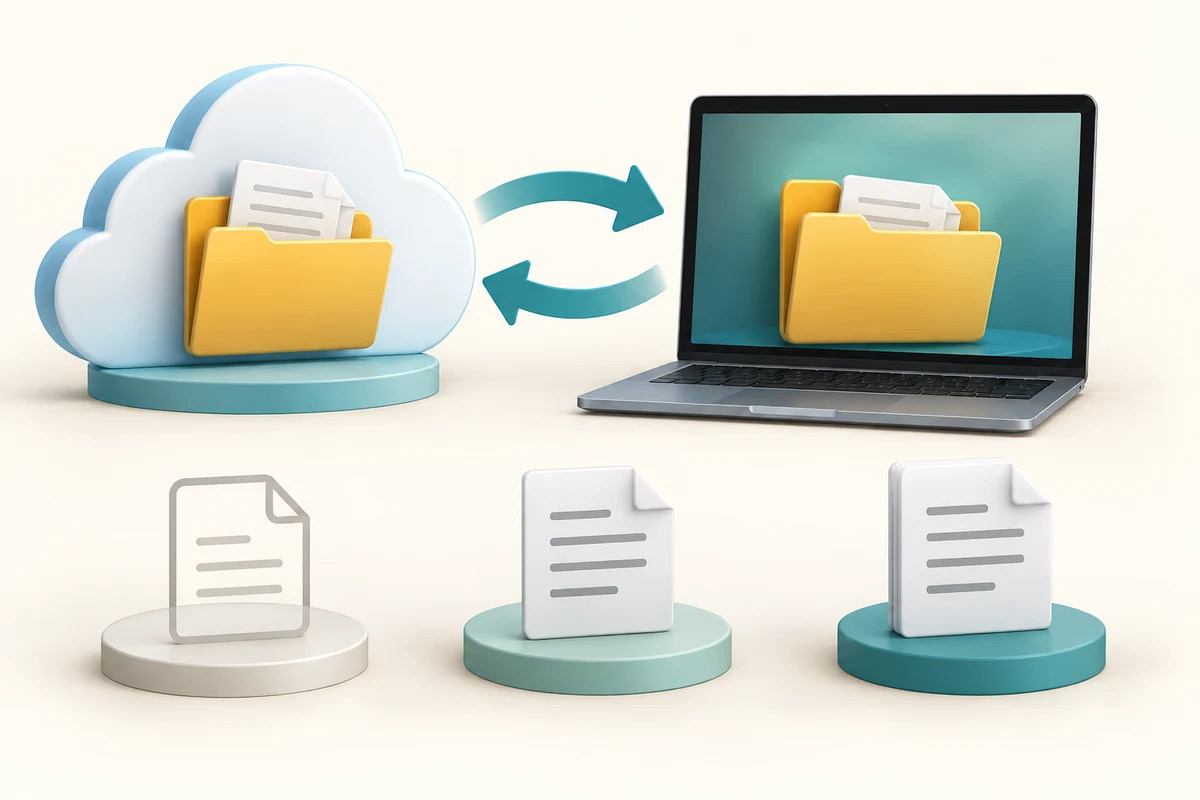 Arrows connect a laptop folder and cloud folder, with separate outlines representing file availability.