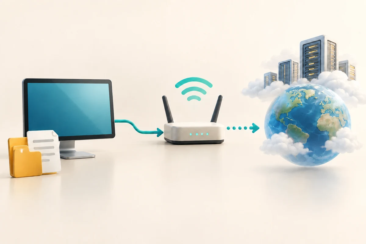 A computer connects through a router towards a globe and remote servers, representing access beyond the local network.