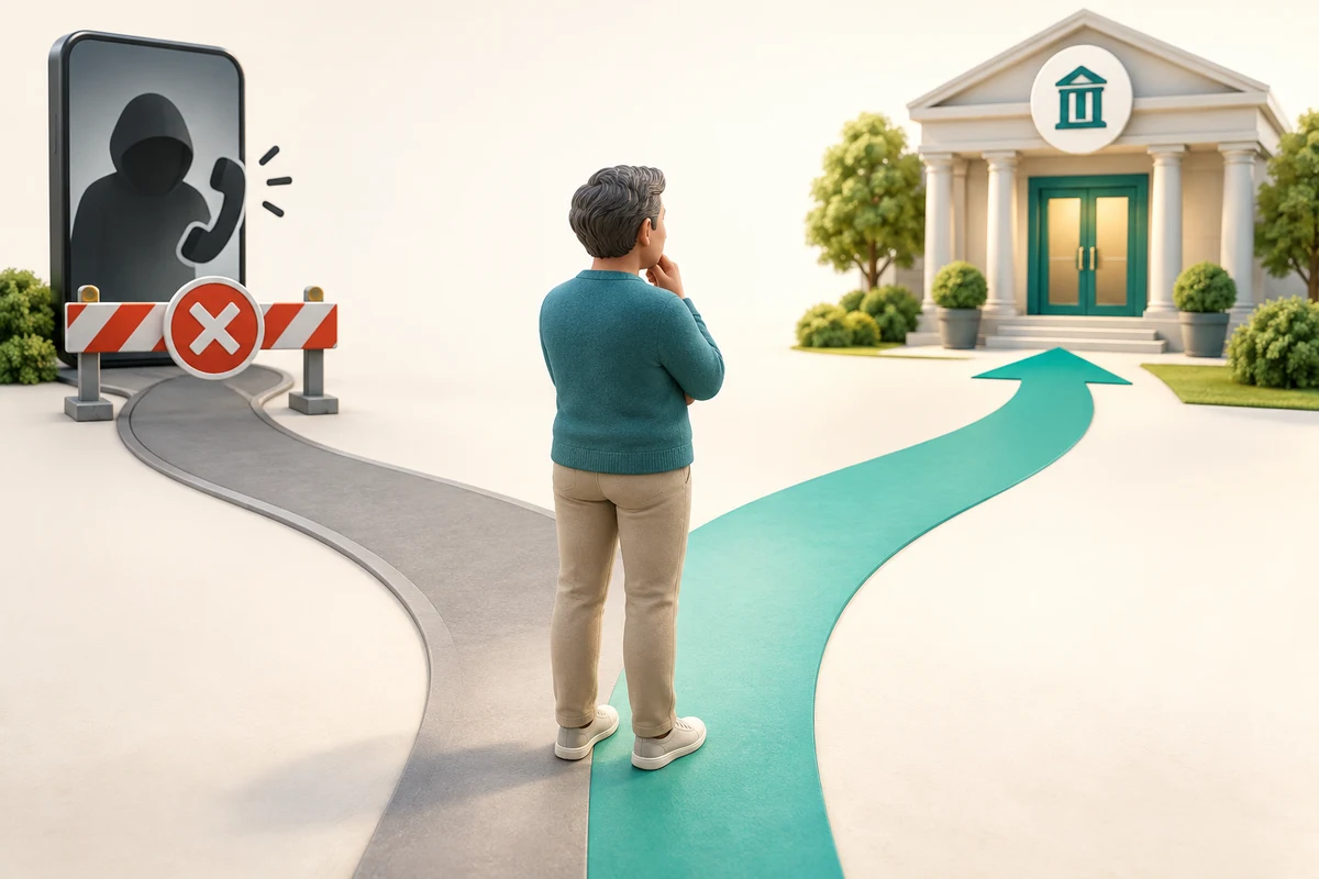 A person turns away from an unexpected caller towards an independent route to the bank.